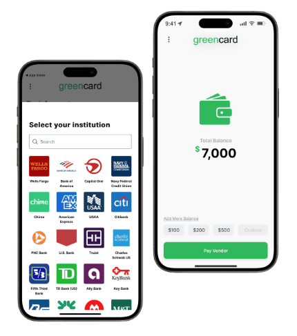 Greencard App - Bank Selection and Wallet